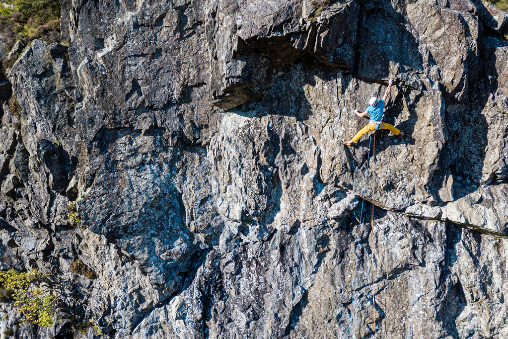 Neil in "full-on" mode on the pumpy and "out-there" finish to Final Score which is also taken by Neil's earlier route, Way out West (E8 6c). Photo: Steve Ashworth (@steveashworthmedia)